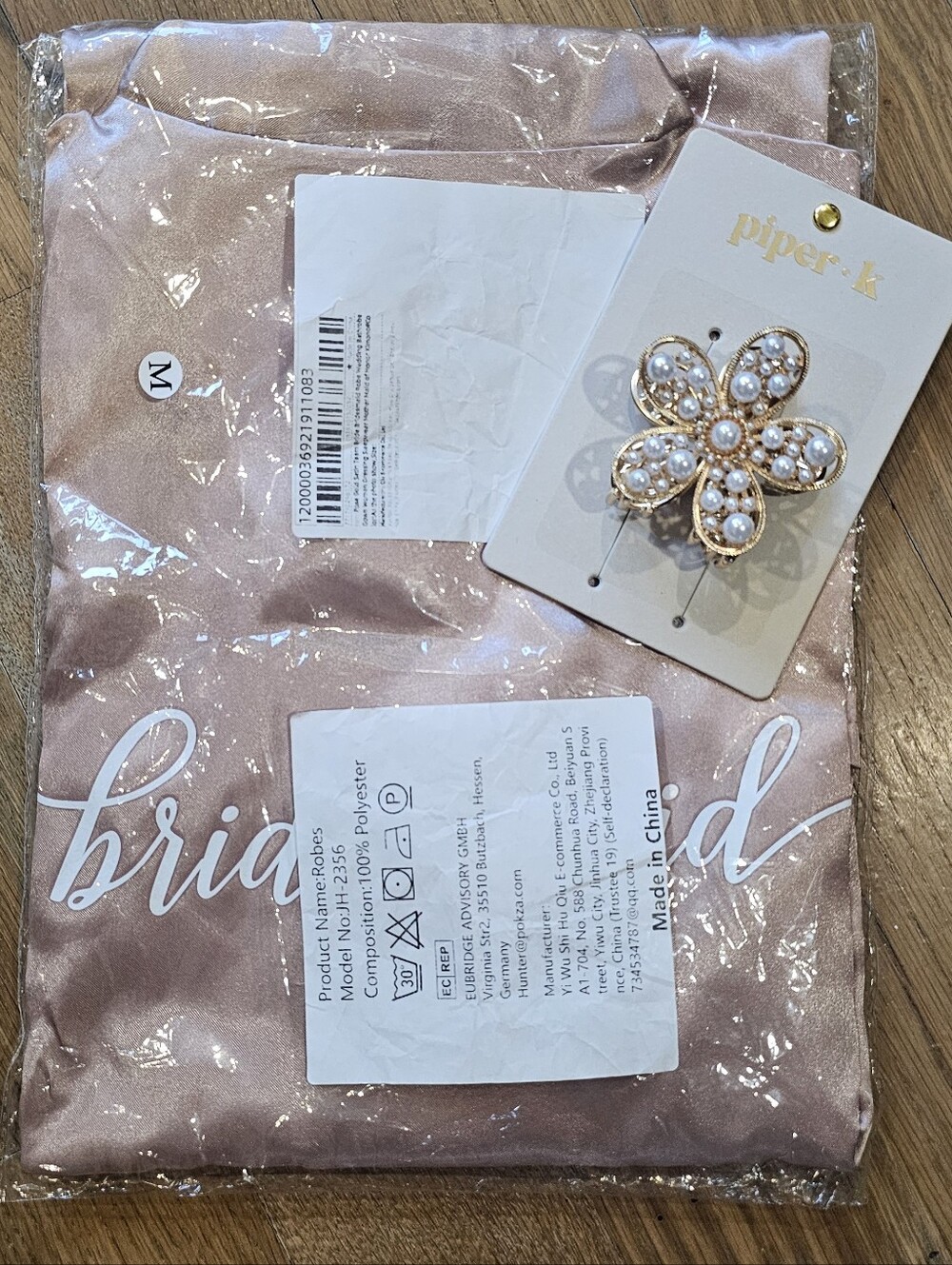 Bridal Satin Robe in Blush with Pearl Flower Clip